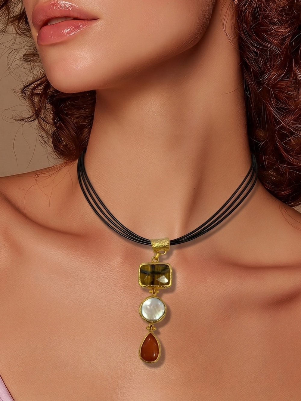 Boho Chic Coachella Festival Necklace with Natural Stones Pearl 24K Plated